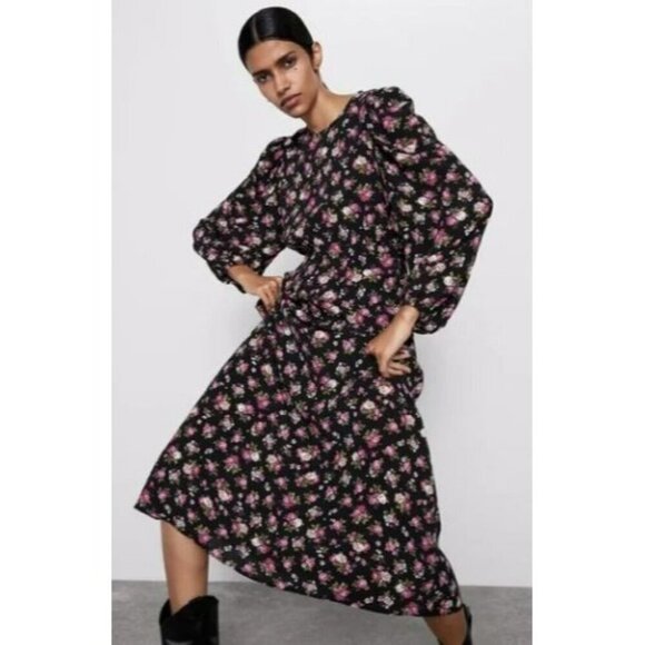 Zara Black Pink Floral Long Sleeve Boho Maxi Dress Size Small - Picture 2 of 11